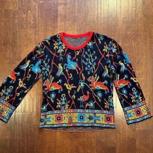 Vintage Sweaters - Vintage Boho Sweater, Colorful Plants & Animals on a Black Background, Size S/M
